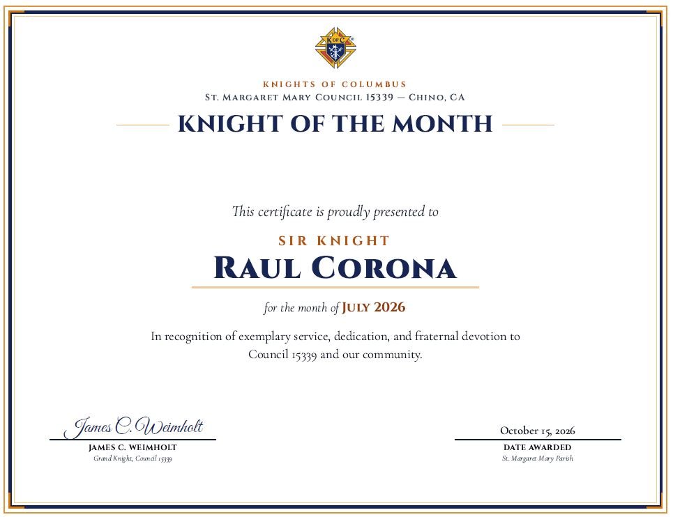 July 2026 Knight of the Month Certificate