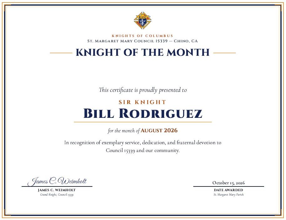 August 2026 Knight of the Month Certificate