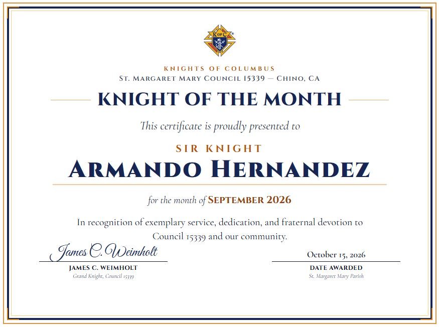 September 2026 Knight of the Month Certificate